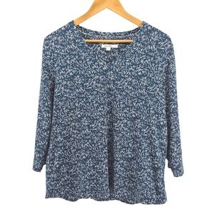 Chicos 2 L Pima Cotton Top Blue White Abstract Swirl Print 3/4 Sleeve V-Neck